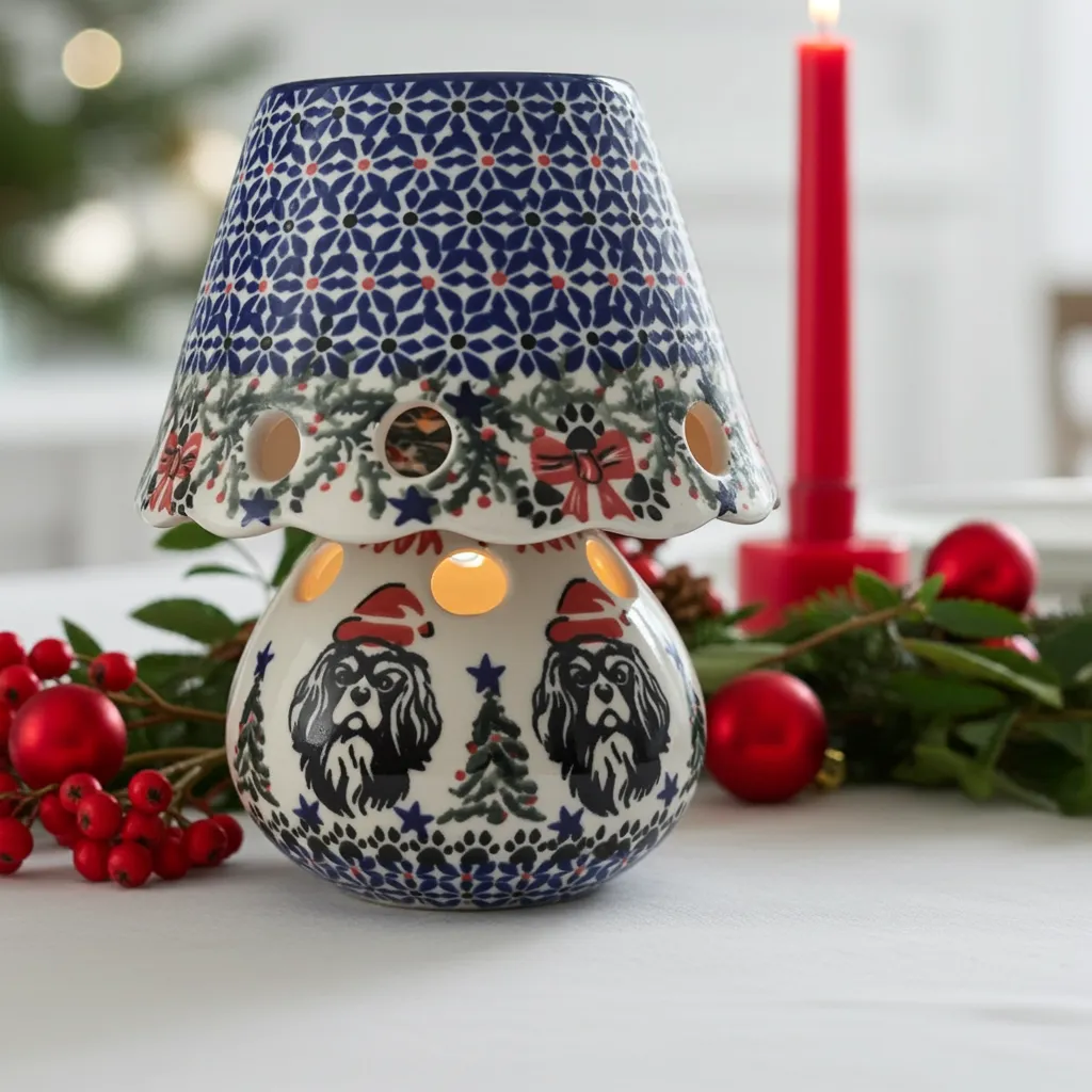 lampion ceramiczny świąteczny z Cavalier King Spanielem - idealny jako świąteczne gadżety dla psiarzy